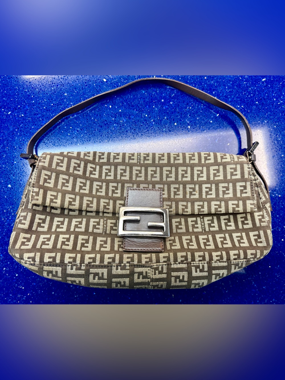 Fendi Brown and Tan Zucca Logo Shoulder Bag with Silver Buckle